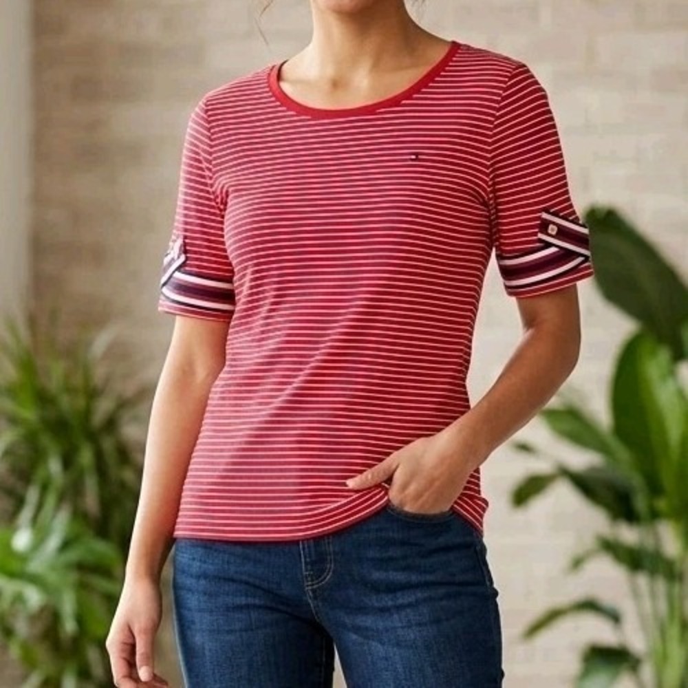 Tommy Hilfiger T-Shirt Women XL Red Striped Nautical Preppy Cotton Tee